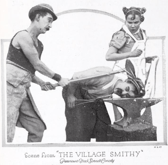 James Finlayson, Chester Conklin and Louise Fazenda on promotional material for THE VILLAGE SMITHY (1919)